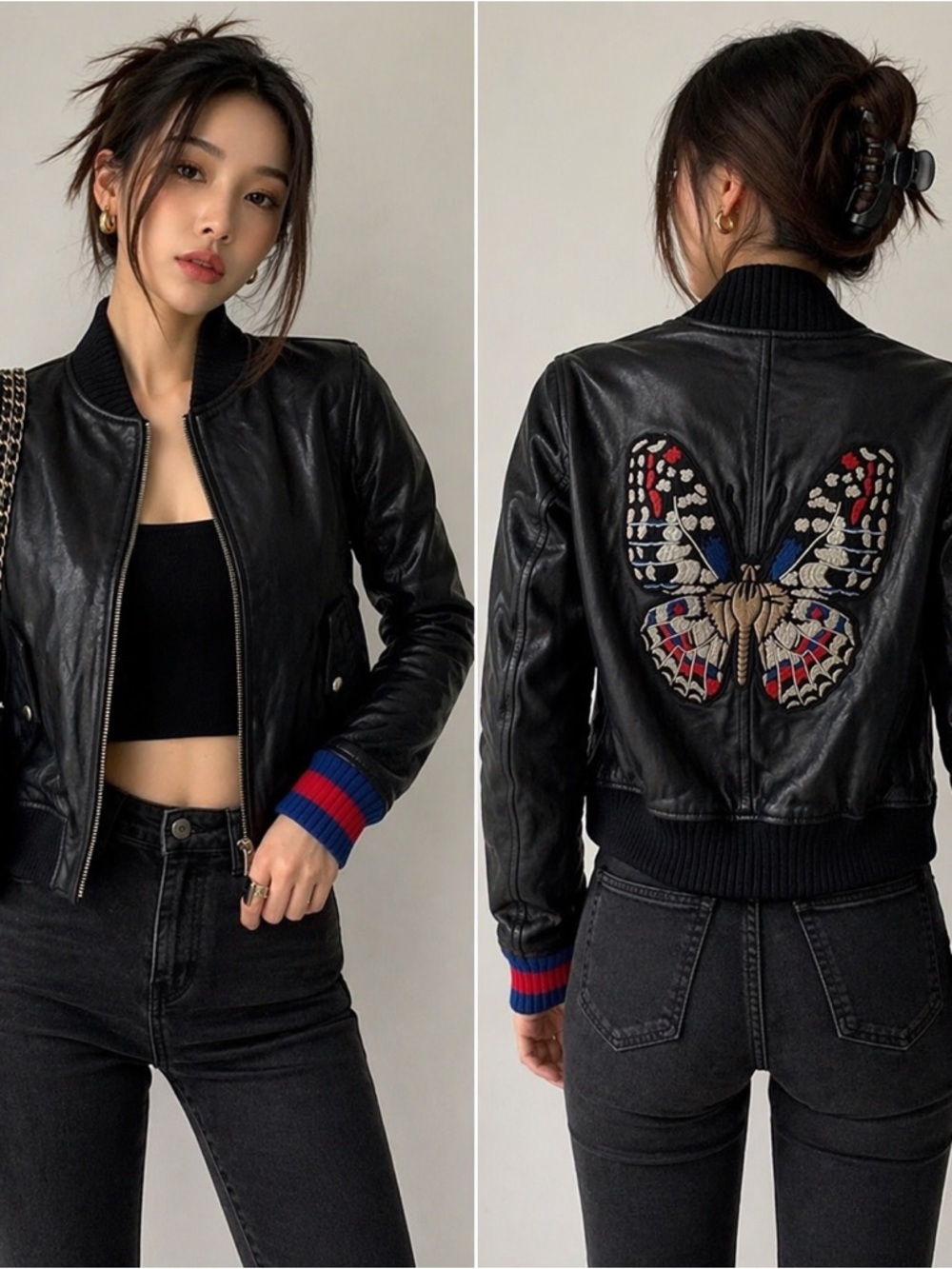 Gucci Butterfly Embroidered Leather Bomber Jacket – Cropped – IT 36